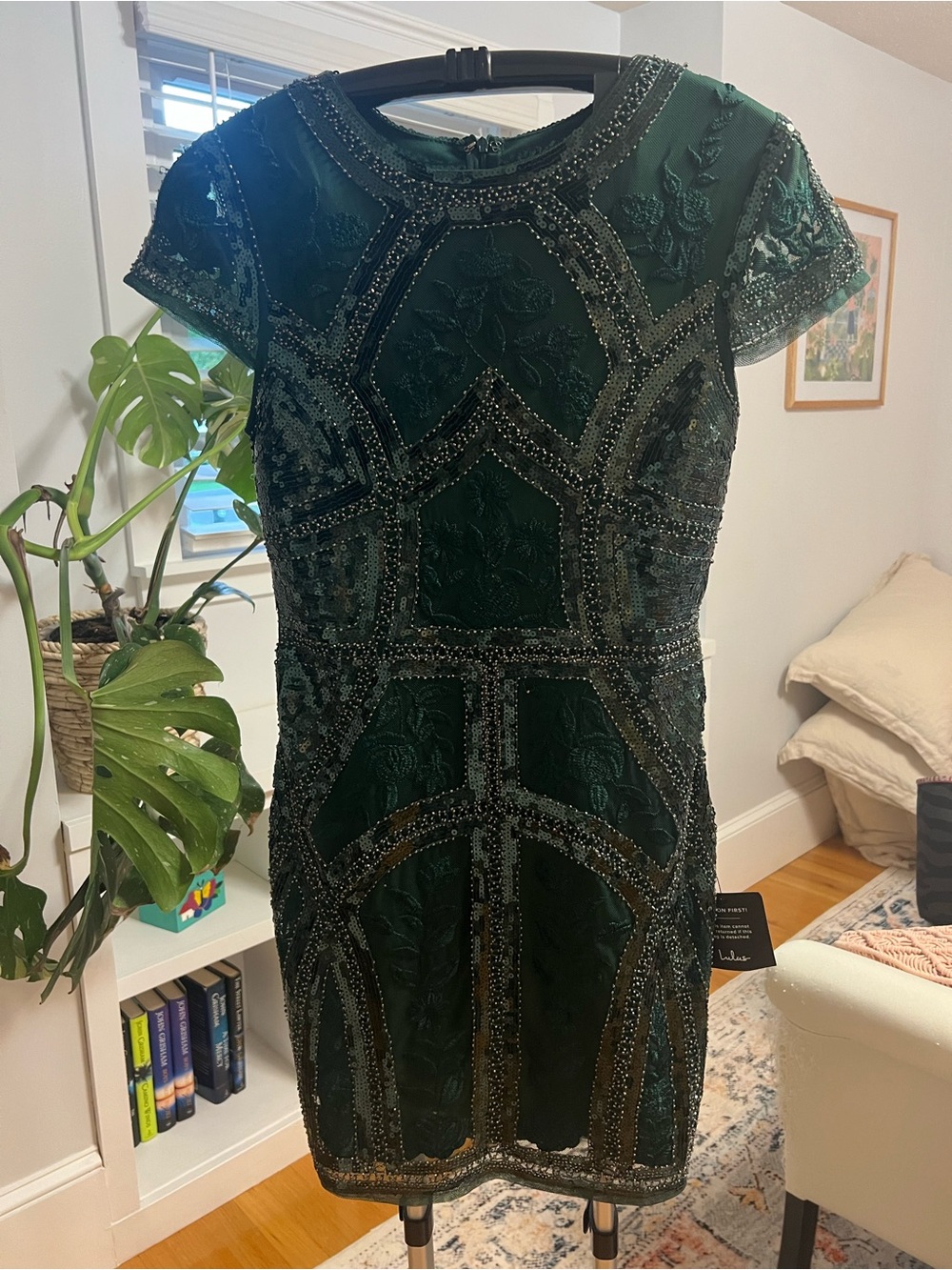 Lulu's Beaded Deep Green Short Sleeve Cocktail Dress